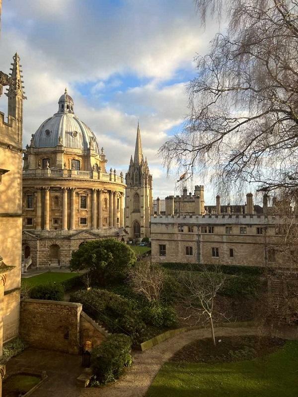 "A dazzling Radcliffe Camera, an old majestic tree, and a modern rainbow of LGBT+ pride flag form the view of my usual corner at the Duke Humphrey library, the old Bodleian" (Sepid Birashk, Research Associate in Research Area 3: "Future Perfect")