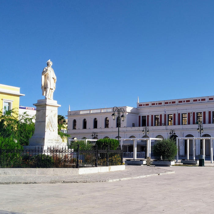 "Zakynthos Public Library: return to archival research. In the foreground, the statue of the poet Dionysios Solomos as the Dante of Greece" (Miltos Pechlivanos, Member, Research Area 1: "Competing Communities", September 2021)