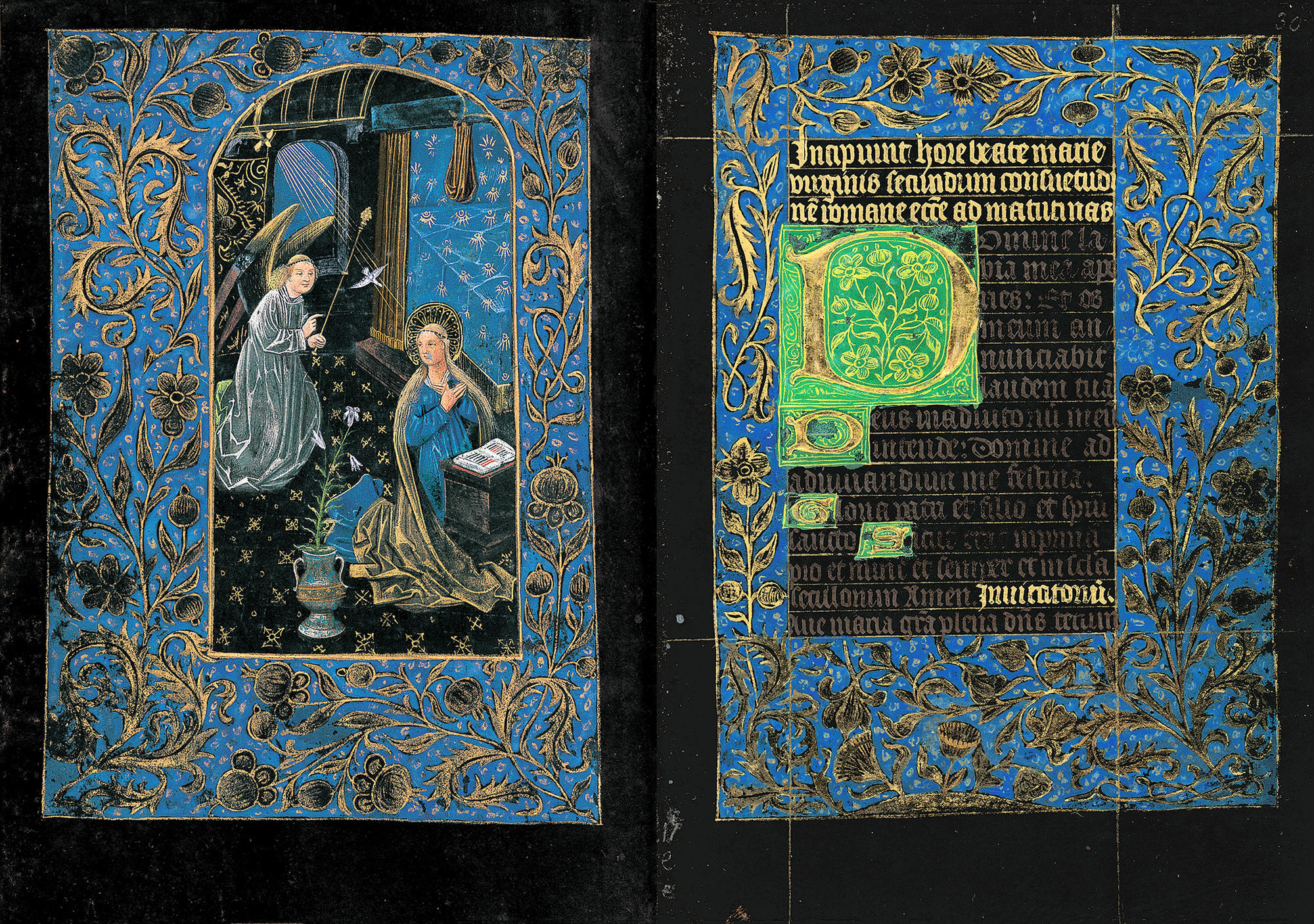 Pierpont Morgan Library, MS M.493 (Black Book of Hours), Annunciation,  fols. 29v–30r, Bruges, ca. 1480, 170 x 122 mm.