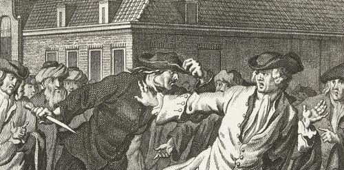 Spinoza bedreigd door een woedende menigte te Amsterdam, 1667, Noach van der Meer (II), after Jacobus Buys, 1784